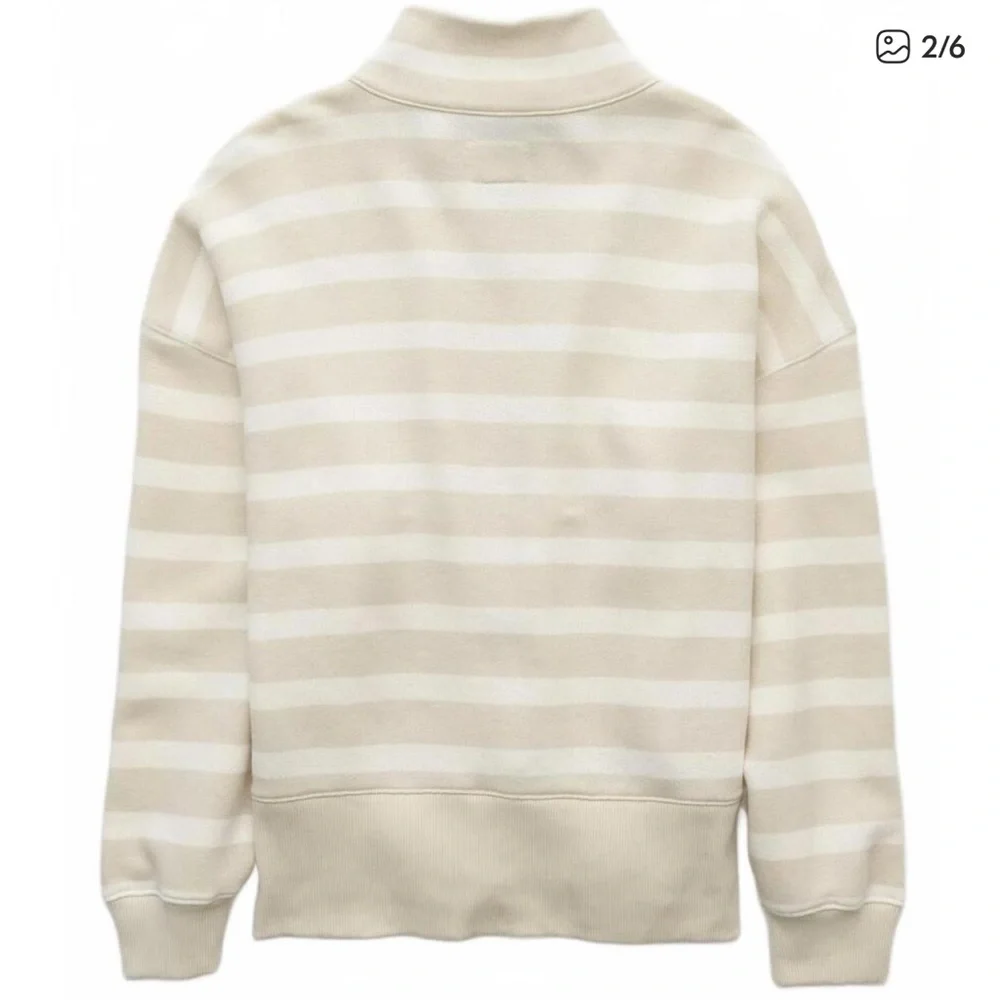 AE Big Hug Henley Sweatshirt American Eagle Beige Stripes NWT - Picture 2 of 6